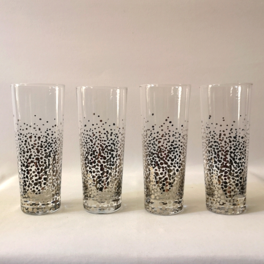 Set of 4 Extra Tall Shot Glasses w/ Metallic Silver Applied Confetti Polka Dots
